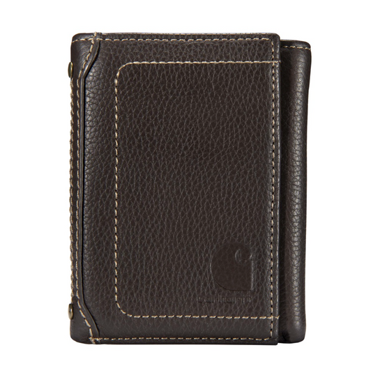 Brown pebble leather wallet on a white background