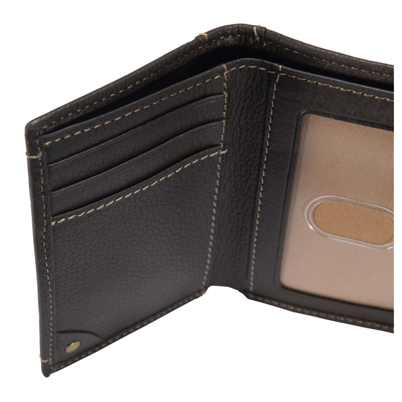 Load image into Gallery viewer, Black leather wallet with card slots and a clear window on a white background
