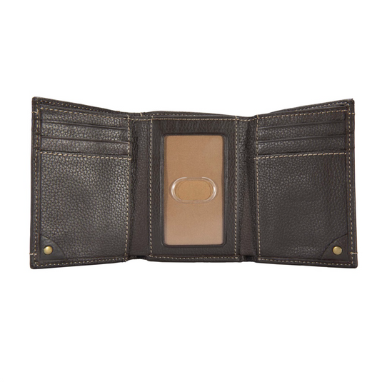 Black leather wallet open on a white background