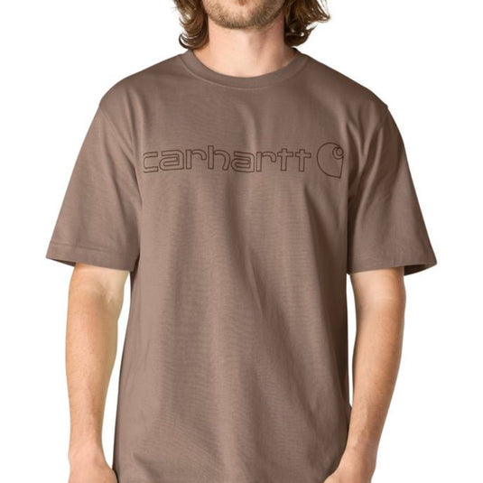 Man wearing a brown Carhartt t-shirt on a white background