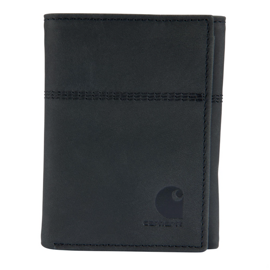 Black leather wallet with Carhartt logo on a white background