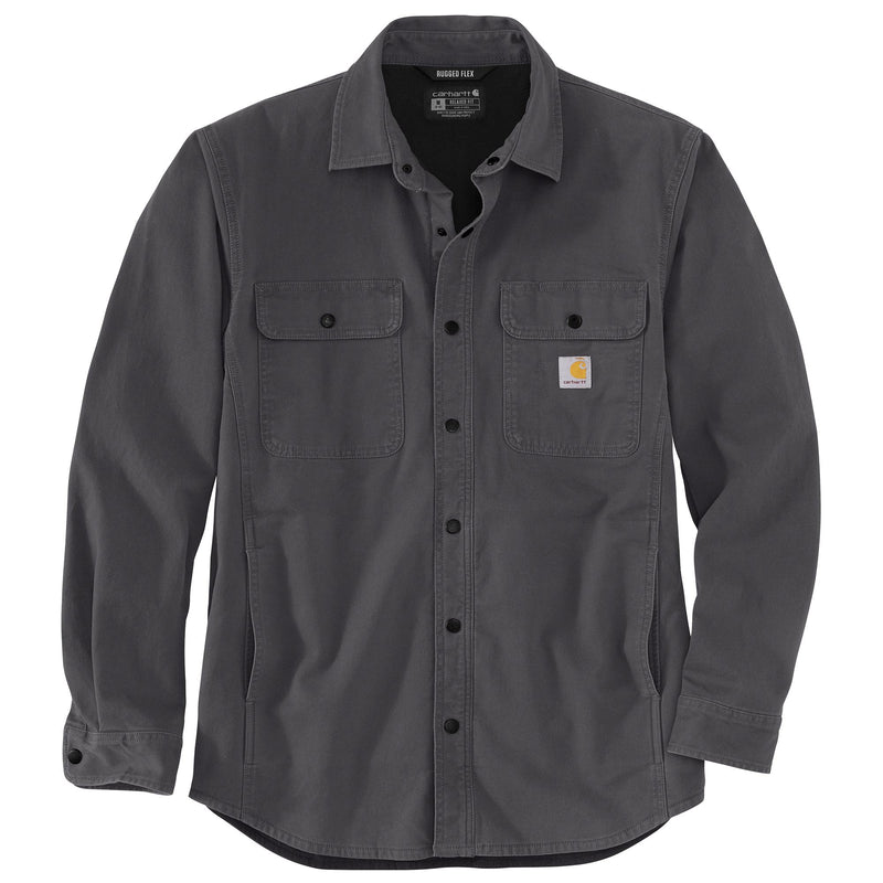 Load image into Gallery viewer, A flat image of the front of the Carhartt TJ5419 Fleece Lined Canvas Shirt Jac in a shadow gray color.  Includes flannel fleece lining.
