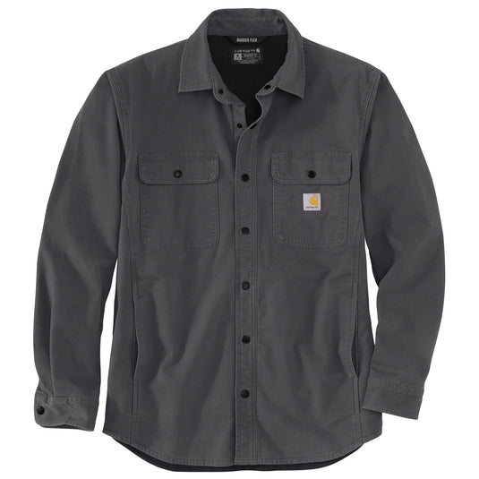 A flat image of the front of the Carhartt TJ5419 Fleece Lined Canvas Shirt Jac in a shadow gray color.  Includes flannel fleece lining.