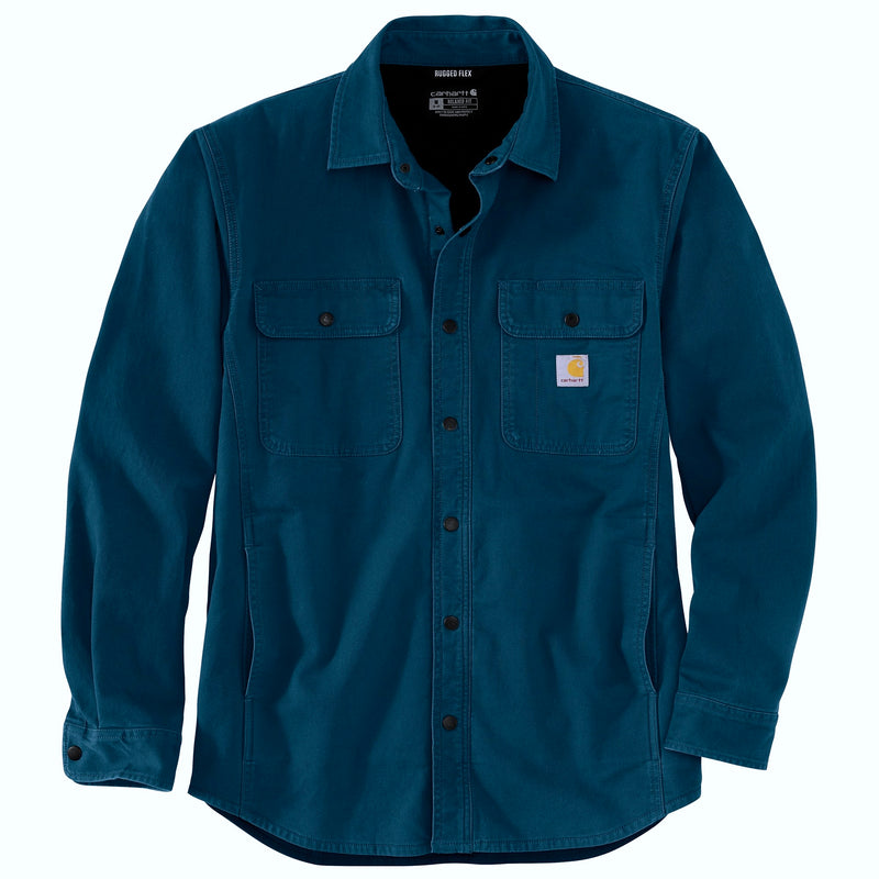 Load image into Gallery viewer, A  flat image of the Carhartt TJ5419 Fleece Lined Canvas Shirt Jac in the bright Night Blue (H69) color.
