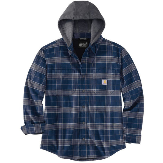 Blue plaid flannel shirt with hood on a white background