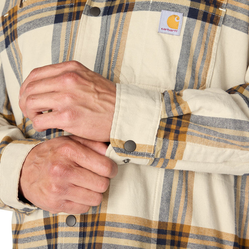 Load image into Gallery viewer, Closeup of the cuffs on a Carhartt plaid flannel shirt jac
