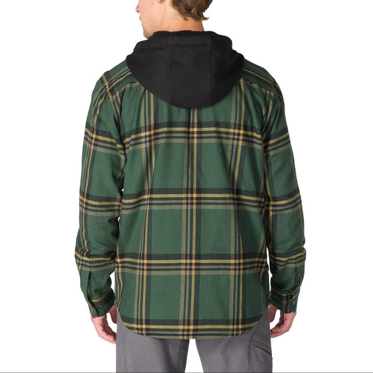 Back shot of a man wearing a green and black Carhartt hooded shirt jac