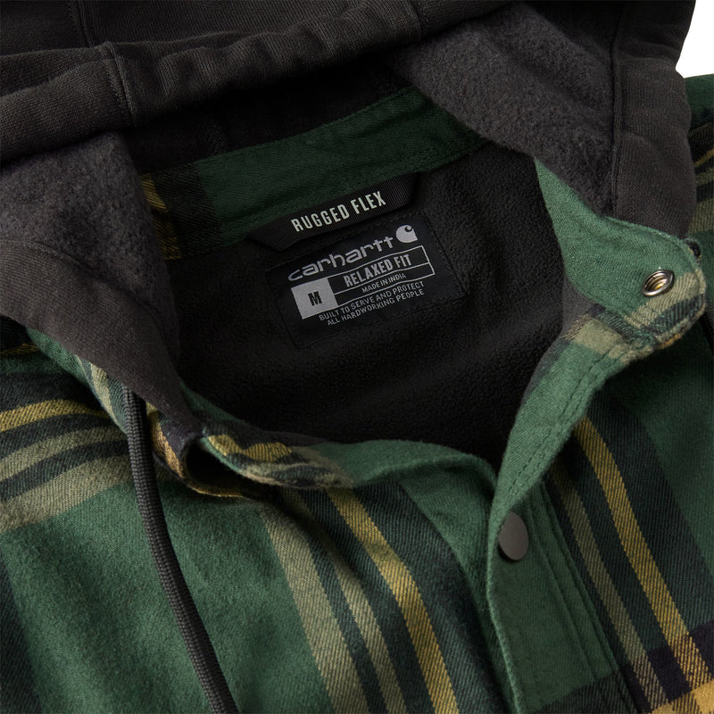 Load image into Gallery viewer, Closeup of the collar with hood on a Carhartt plaid flannel
