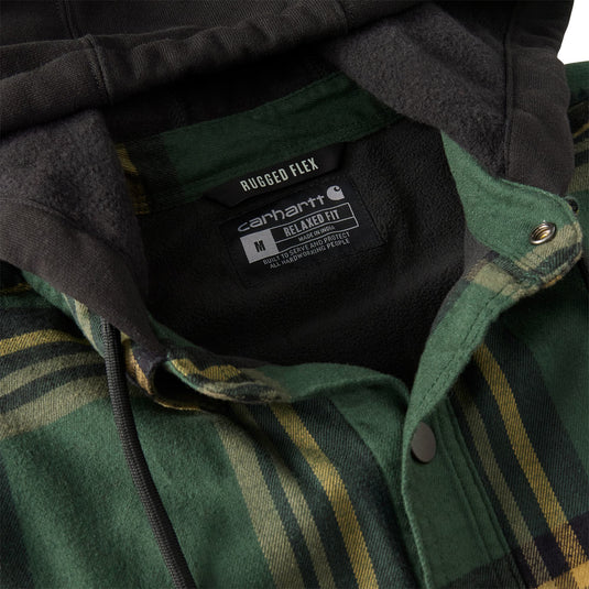 Closeup of the collar with hood on a Carhartt plaid flannel