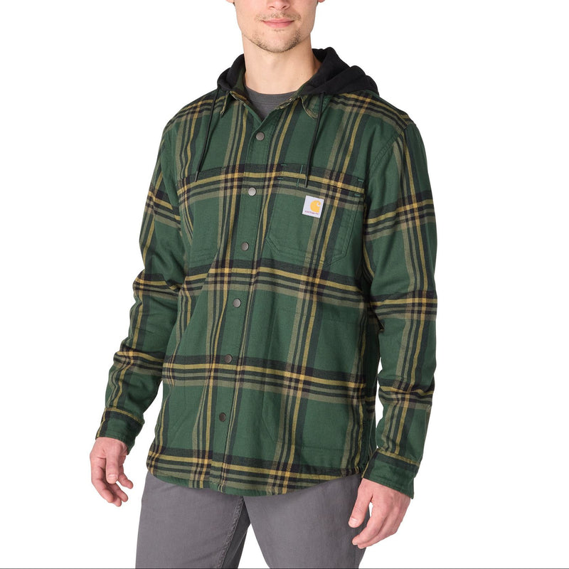 Load image into Gallery viewer, Man wearing a green and black plaid flannel shirt jac with yellow stripes 
