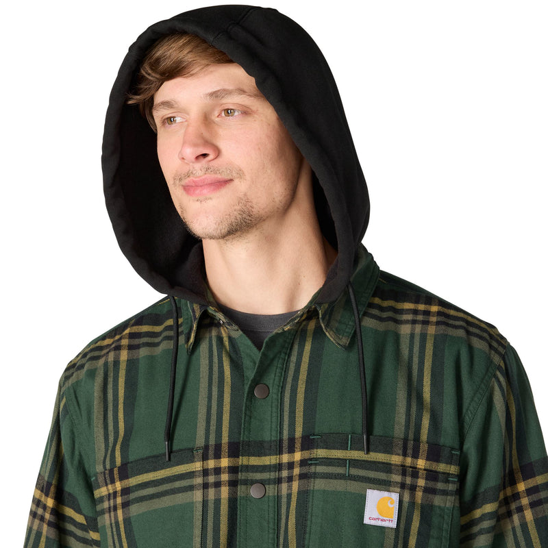 Load image into Gallery viewer, Closeup of a man wearing the hood of a Carhartt Plaid Shirt Jac
