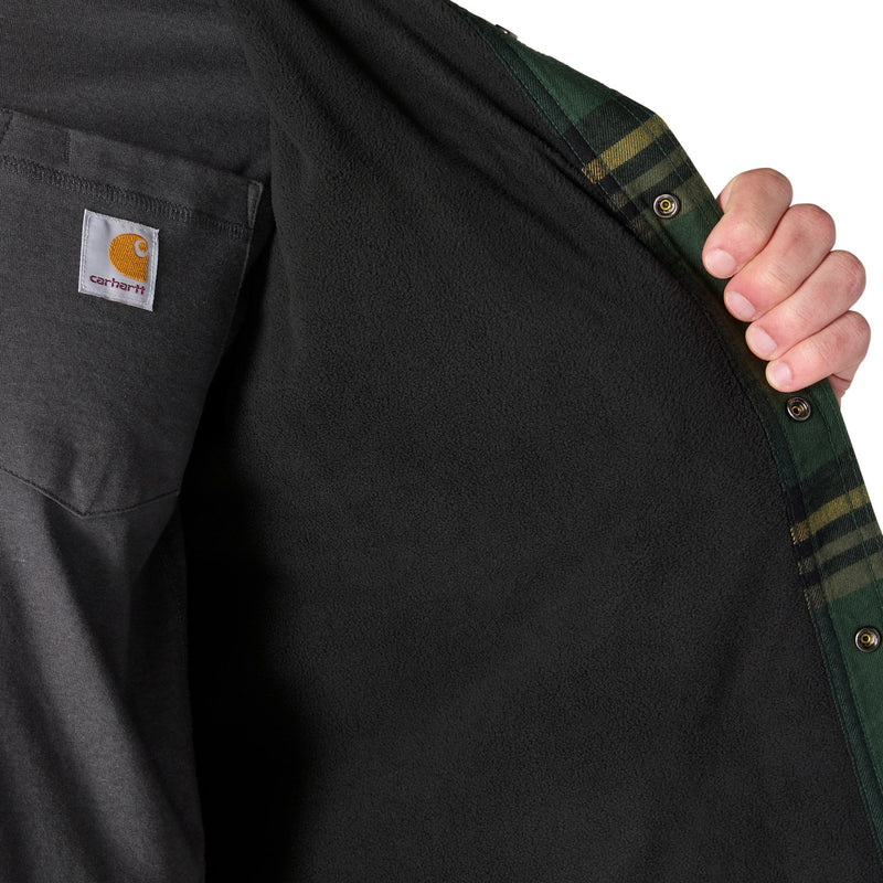Load image into Gallery viewer, The Interior Lining of a green and black Carhartt shirt jac flannel
