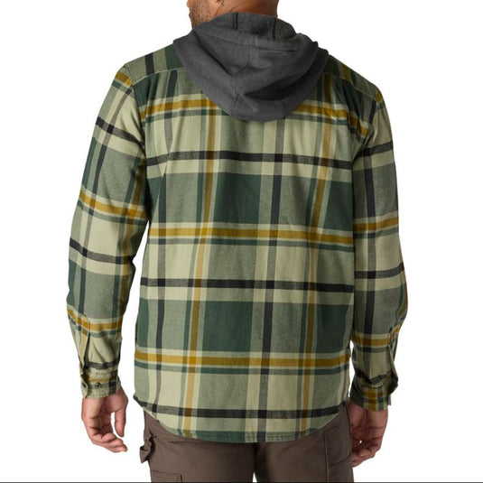 Man wearing a forestry green plaid shirt with a hood on a white background