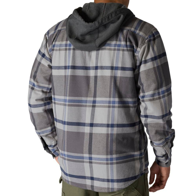 Load image into Gallery viewer, Man wearing a Gravel Grey Plaid jacket with a hood on a white background
