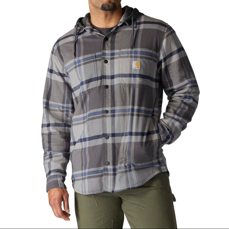 Load image into Gallery viewer, Man wearing a gravel grey plaid shirt with a hood on a white background
