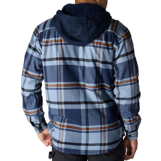 Man wearing a blue plaid hooded jacket with a navy blue hood on a white background