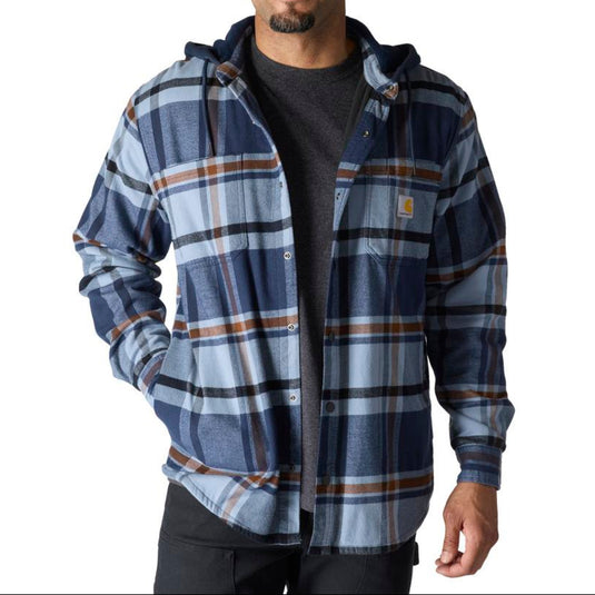 Man wearing a blue plaid hooded jacket on a white background
