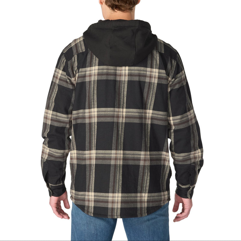 Load image into Gallery viewer, Back shot of a man wearing a black and gray plaid flannel hooded shirt jac
