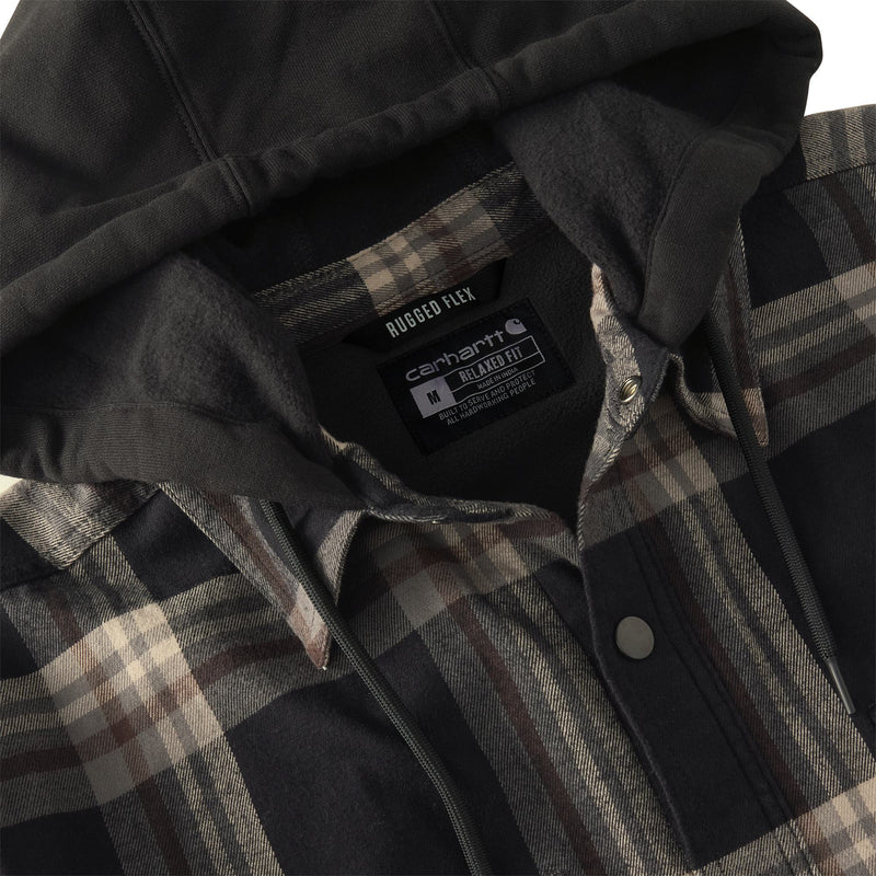Load image into Gallery viewer, Close-up of a Carhartt flannel shirt with a dark gray hood and a black, gray, and beige plaid pattern. The inner neck label clearly shows the Carhartt brand and 'Rubbed Flex' technology.
