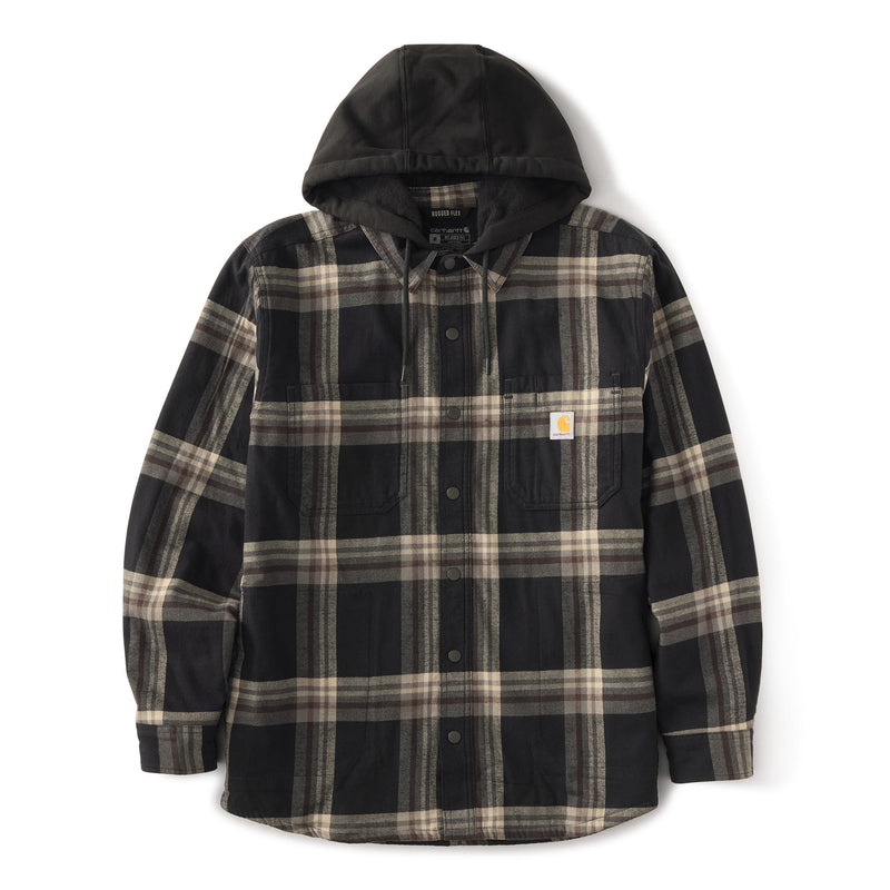 Load image into Gallery viewer, A Carhartt hooded flannel shirt jacket in a black, beige, and gray plaid pattern, shown flat against a white background.
