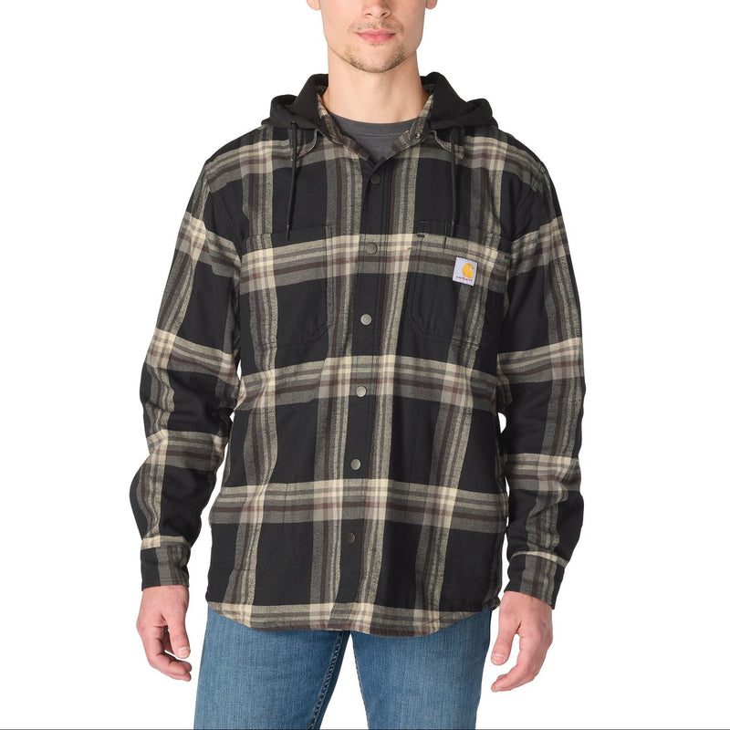 Load image into Gallery viewer, Man wearing a black and gray Carhartt plaid hooded flannel shirt jac. 
