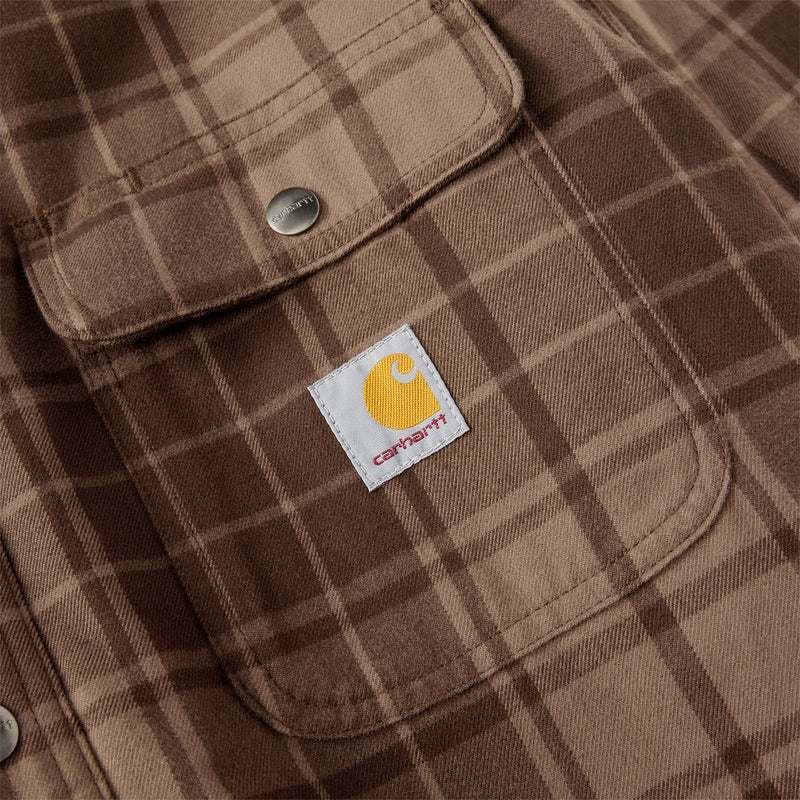 Load image into Gallery viewer, The chest pocket with the buttoned flap and the Carhartt patch sewn in. 
