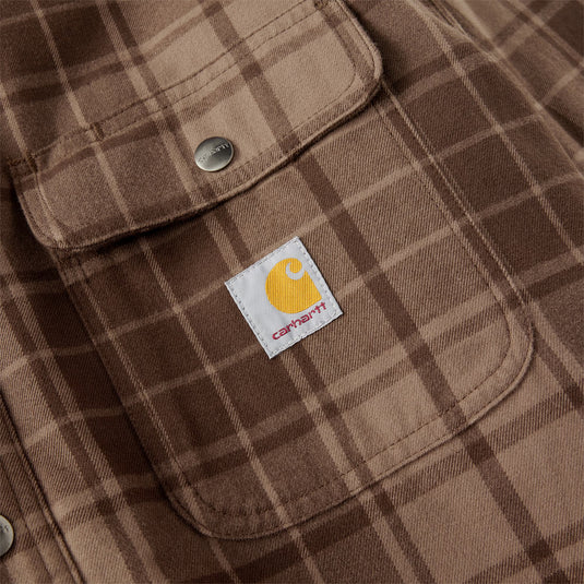 The chest pocket with the buttoned flap and the Carhartt patch sewn in. 
