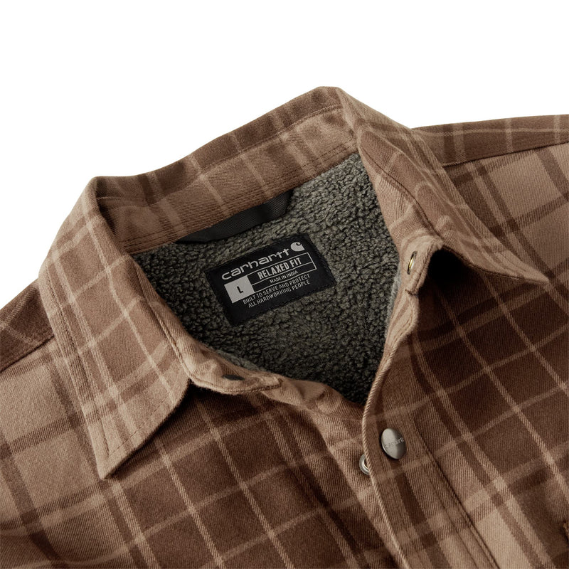 Load image into Gallery viewer, The Collar with sherpa lining on the Carhartt plaid flannel jacket
