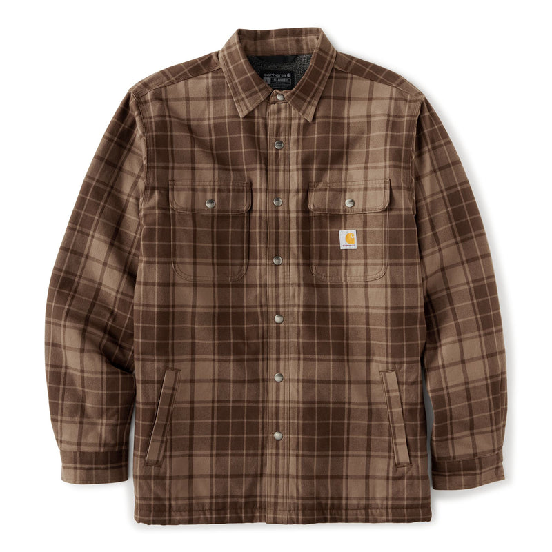 Load image into Gallery viewer, Flat lay of the Brown and Beige Carhartt Plaid Sherpa-Lined Flannel Jacket 

