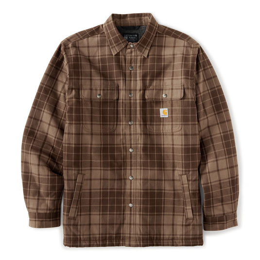 Flat lay of the Brown and Beige Carhartt Plaid Sherpa-Lined Flannel Jacket 