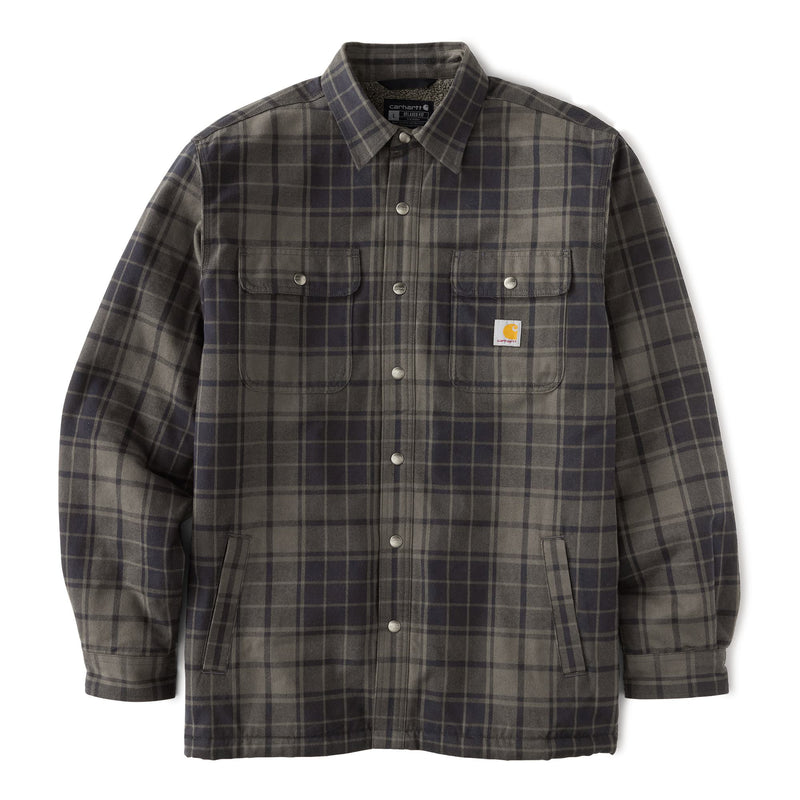 Load image into Gallery viewer, Flat Lay of the navy and gray Carhartt Hubbard Plaid Sherpa-Lined Flannel Jacket
