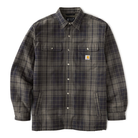Flat Lay of the navy and gray Carhartt Hubbard Plaid Sherpa-Lined Flannel Jacket