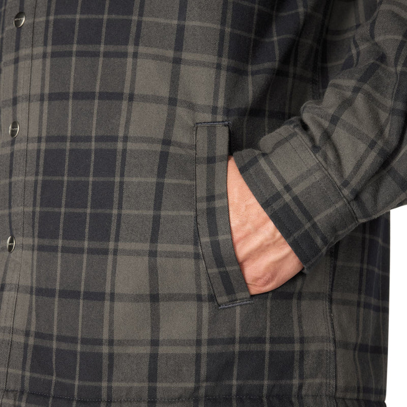 Load image into Gallery viewer, Closeup of the pockets onthe carhartt sherpa lined plaid flannel
