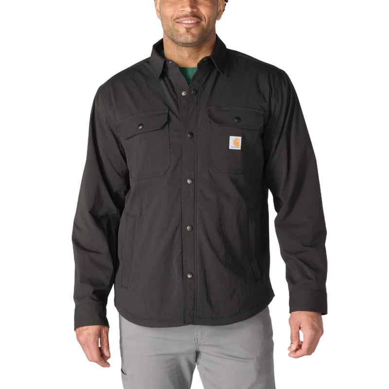 Load image into Gallery viewer, Person wearing a Black Carhartt button up long sleeve shirt jac on a white background. 
