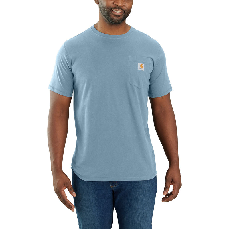 Load image into Gallery viewer, Person wearing a light blue short sleeve pocket tee with the Carhartt logo patch sewn into the breast pocket. 

