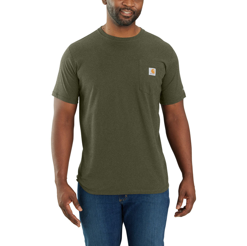 Load image into Gallery viewer, Person wearing a dark heather green short sleeve pocket tee with the Carhartt logo patch sewn into the breast pocket.
