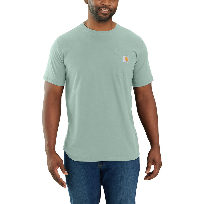 Load image into Gallery viewer, Person wearing a light green short sleeve pocket tee with the Carhartt logo patch sewn into the breast pocket. 
