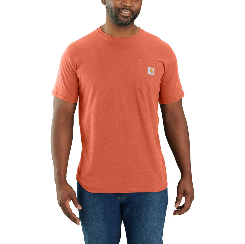 Load image into Gallery viewer, Person wearing a heather orange short sleeve pocket tee with the Carhartt logo patch sewn into the breast pocket. 

