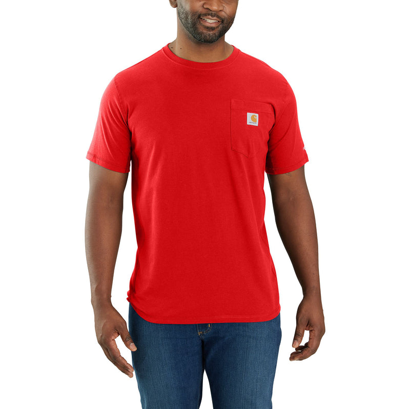 Load image into Gallery viewer, Person wearing a bright red short sleeve pocket tee with the Carhartt logo patch sewn into the breast pocket. 
