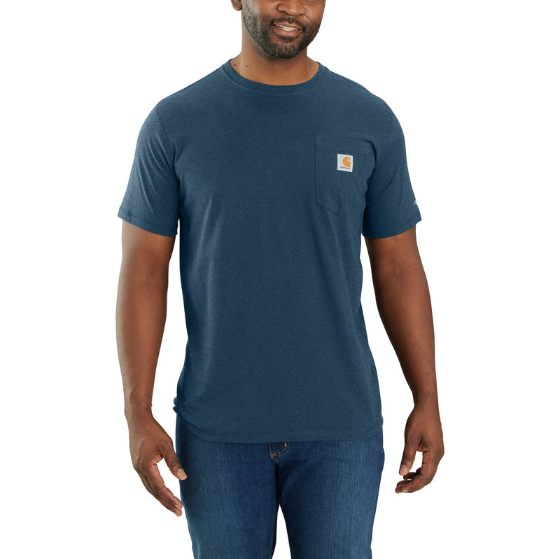 Load image into Gallery viewer, Person wearing a heather blue short sleeve pocket tee with the Carhartt logo patch sewn into the breast pocket. 
