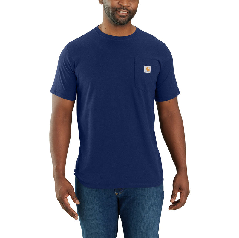 Load image into Gallery viewer, Person wearing a dark blue short sleeve pocket tee with the Carhartt logo patch sewn into the breast pocket. 
