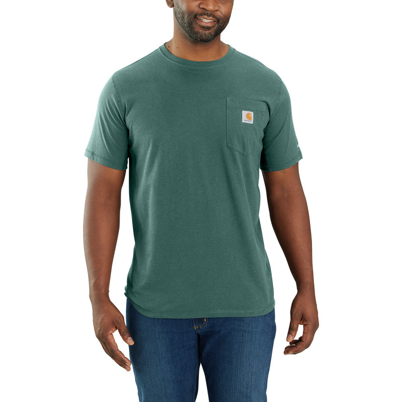 Load image into Gallery viewer, Person wearing a heather green short sleeve pocket tee with the Carhartt logo patch sewn into the breast pocket.
