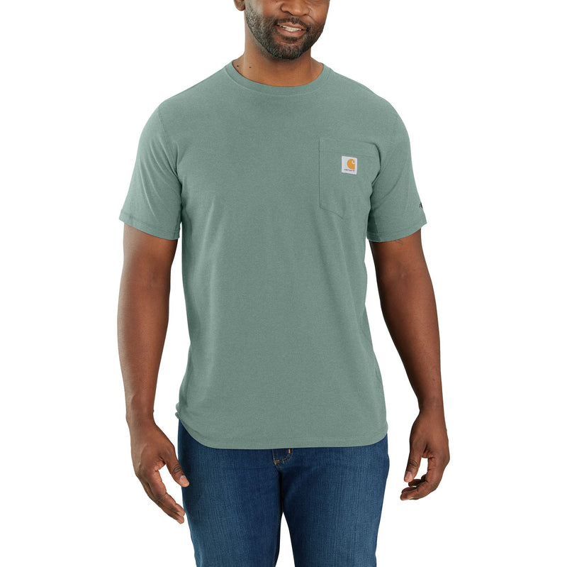 Load image into Gallery viewer, Person wearing a light heather green short sleeve pocket tee with the Carhartt logo patch sewn into the breast pocket. 
