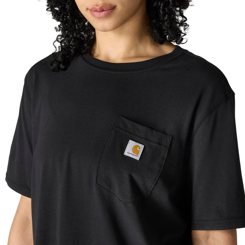 Load image into Gallery viewer, A close-up of a person wearing a black short-sleeve crewneck t-shirt with a chest pocket featuring a square Carhartt logo patch.
