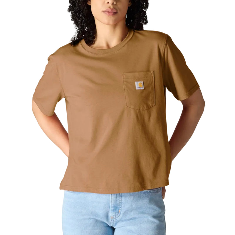 Load image into Gallery viewer, A woman with curly black hair wearing a brown short-sleeve pocket t-shirt and light blue jeans, standing against a solid white background.
