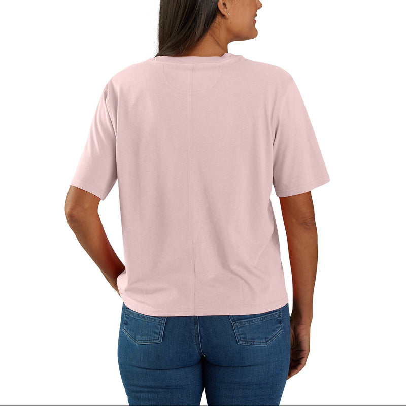 Load image into Gallery viewer, A woman viewed from the back wearing a light pink short-sleeve t-shirt and blue jeans, set against a plain white background.
