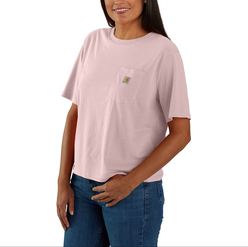 Load image into Gallery viewer, Woman wearing a light pink t-shirt with a logo on a white background
