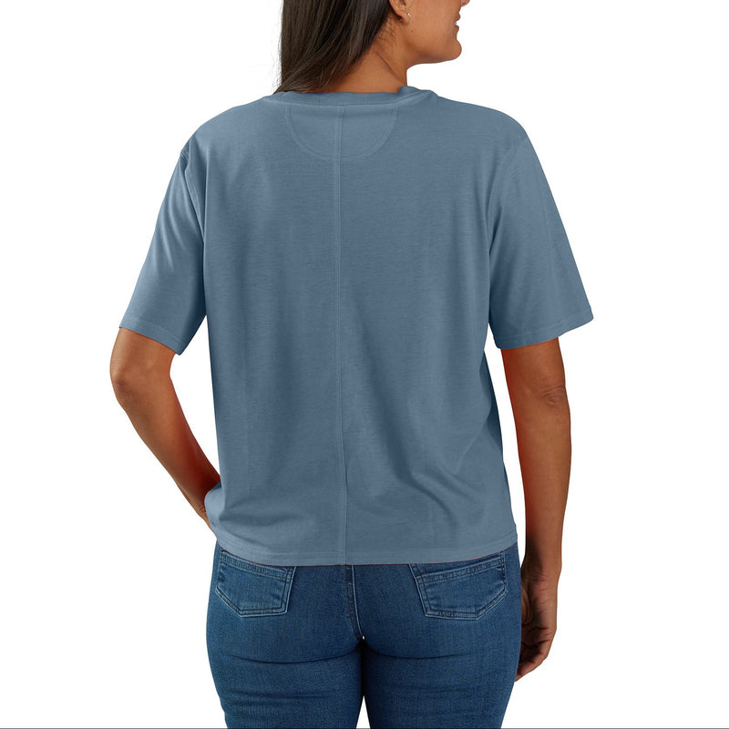 Load image into Gallery viewer, A woman viewed from the back wearing a slate blue short-sleeve t-shirt and blue jeans, set against a plain white background.
