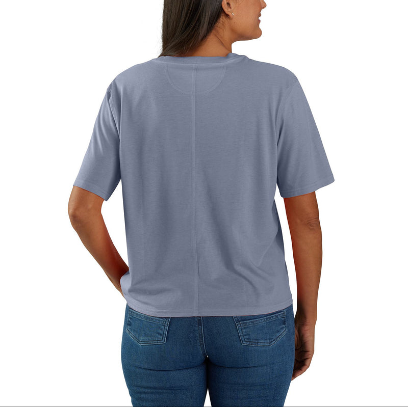 Load image into Gallery viewer, Woman wearing a gray/violet t-shirt and blue jeans on a white background
