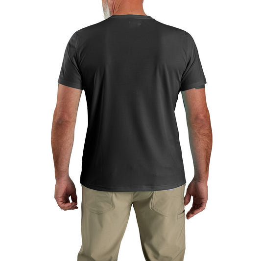 Person wearing a black t-shirt and beige pants on a white background